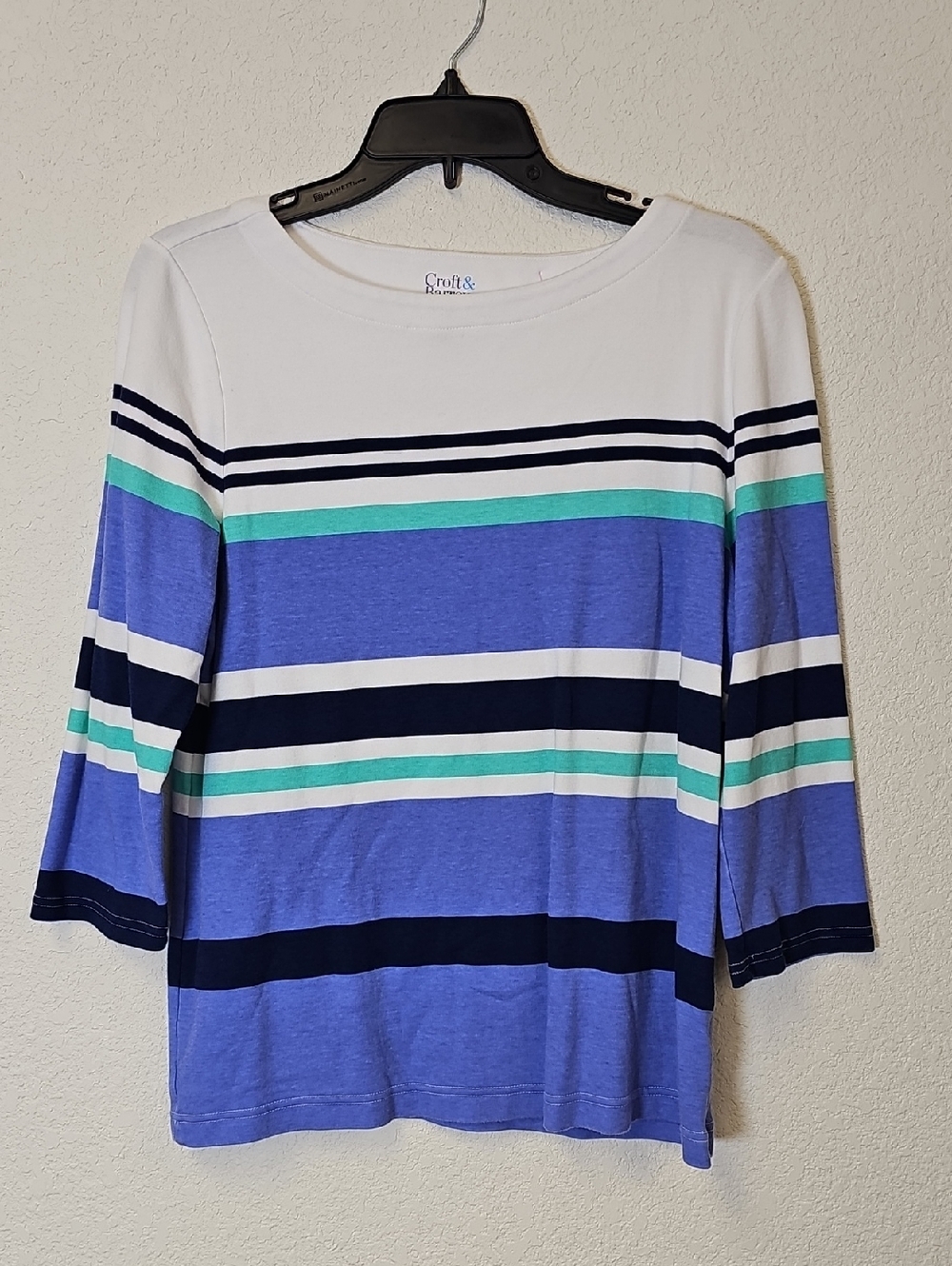 croft & barrow White, Blue and Aqua Striped Boatneck Long Sleeve Top